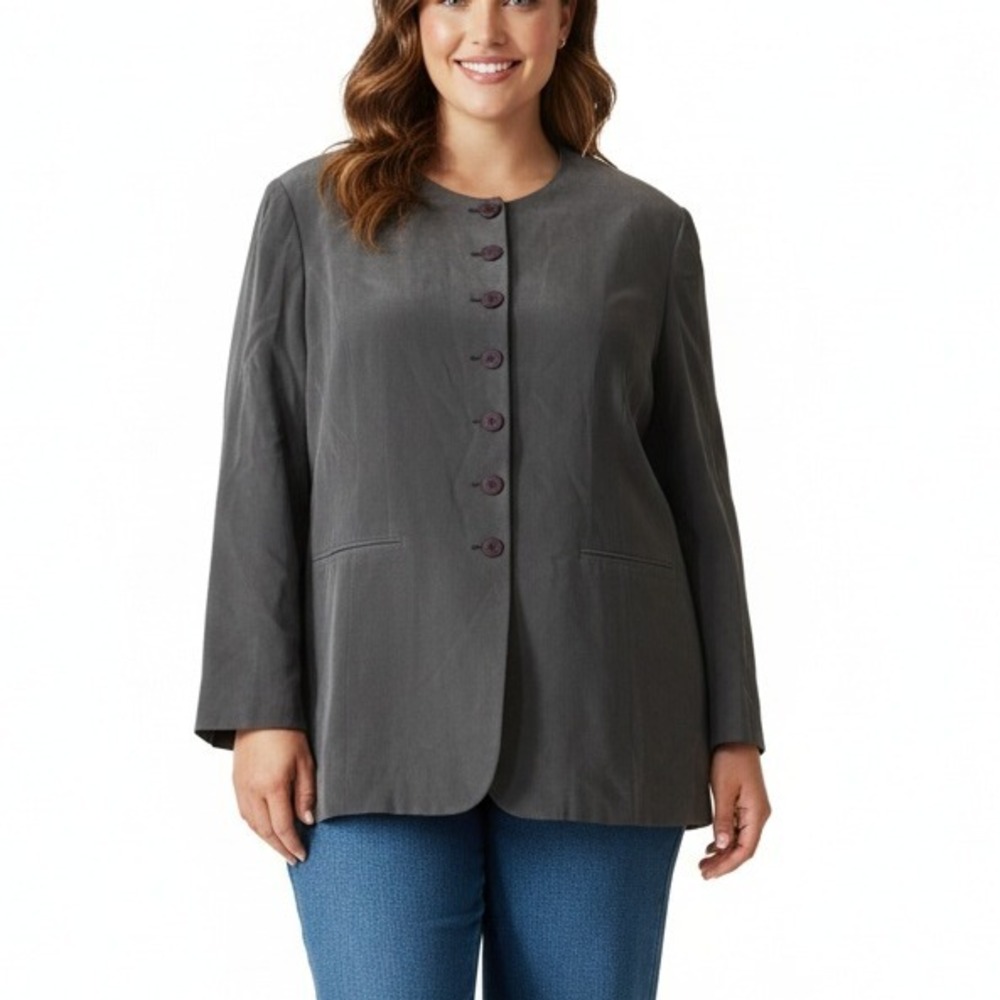 Chaus Woman 100% Silk Button Front Jacket Dark Grey Size 20 Career Blazer